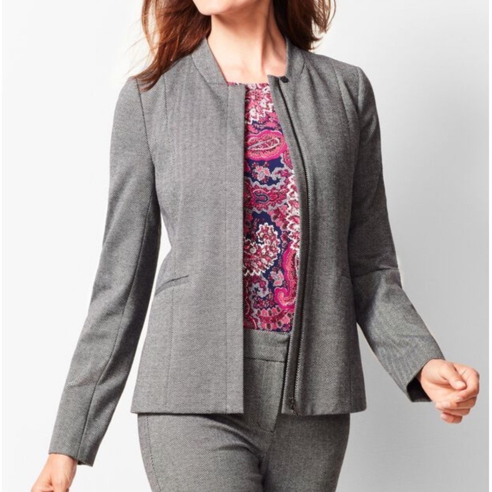TALBOTS | Italian Luxe Knit Herringbone Front Zip Collarless Blazer Jacket, 8